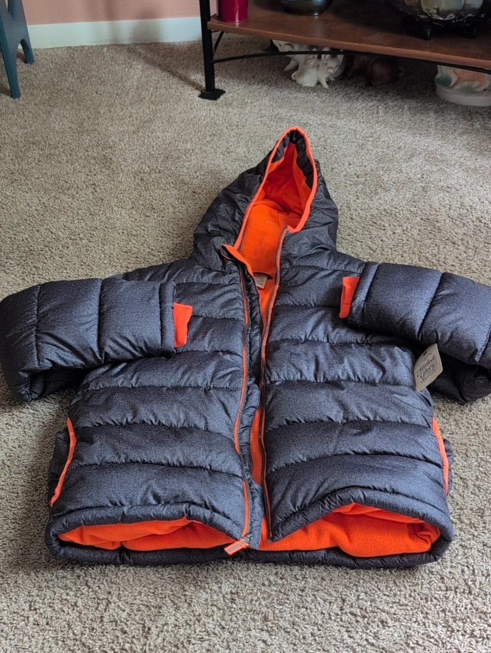 Faded Glory Dark Gray Puffer Jacket with Orange Lining